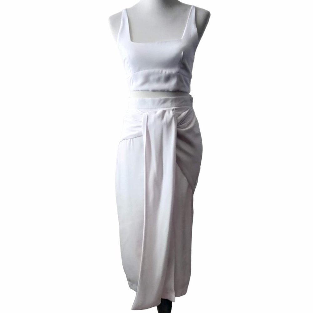 SNDYS Women M White Zanita Crop Top Tie Wrap High Waist Side Slit Midi Skirt Set